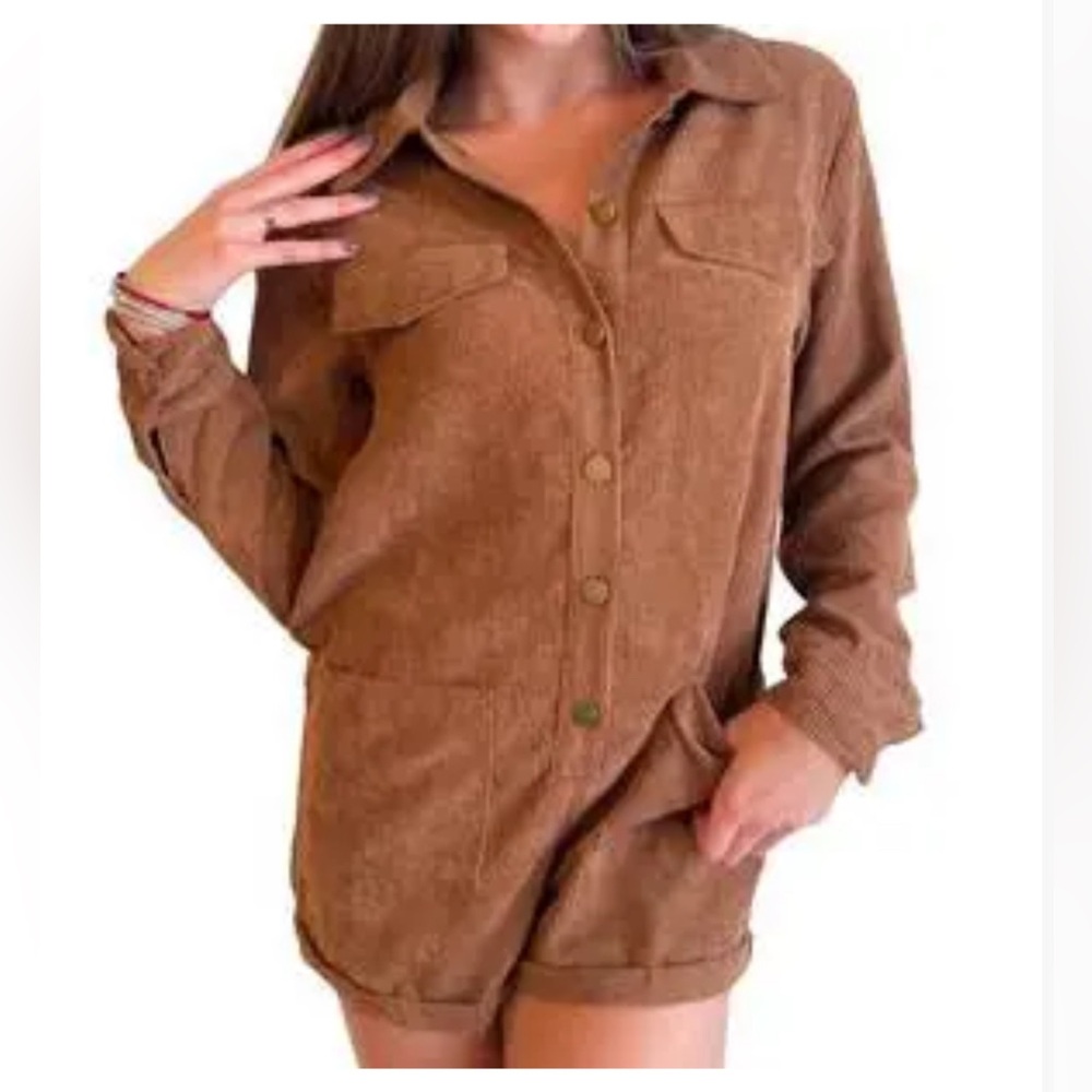 Brown Button-Front Corduroy Romper Jumpsuit